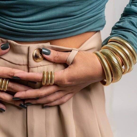 Women's 18K Gold Plated Stainless Steel Stretch Wristband Bangles Bracelets - Picture 6 of 7